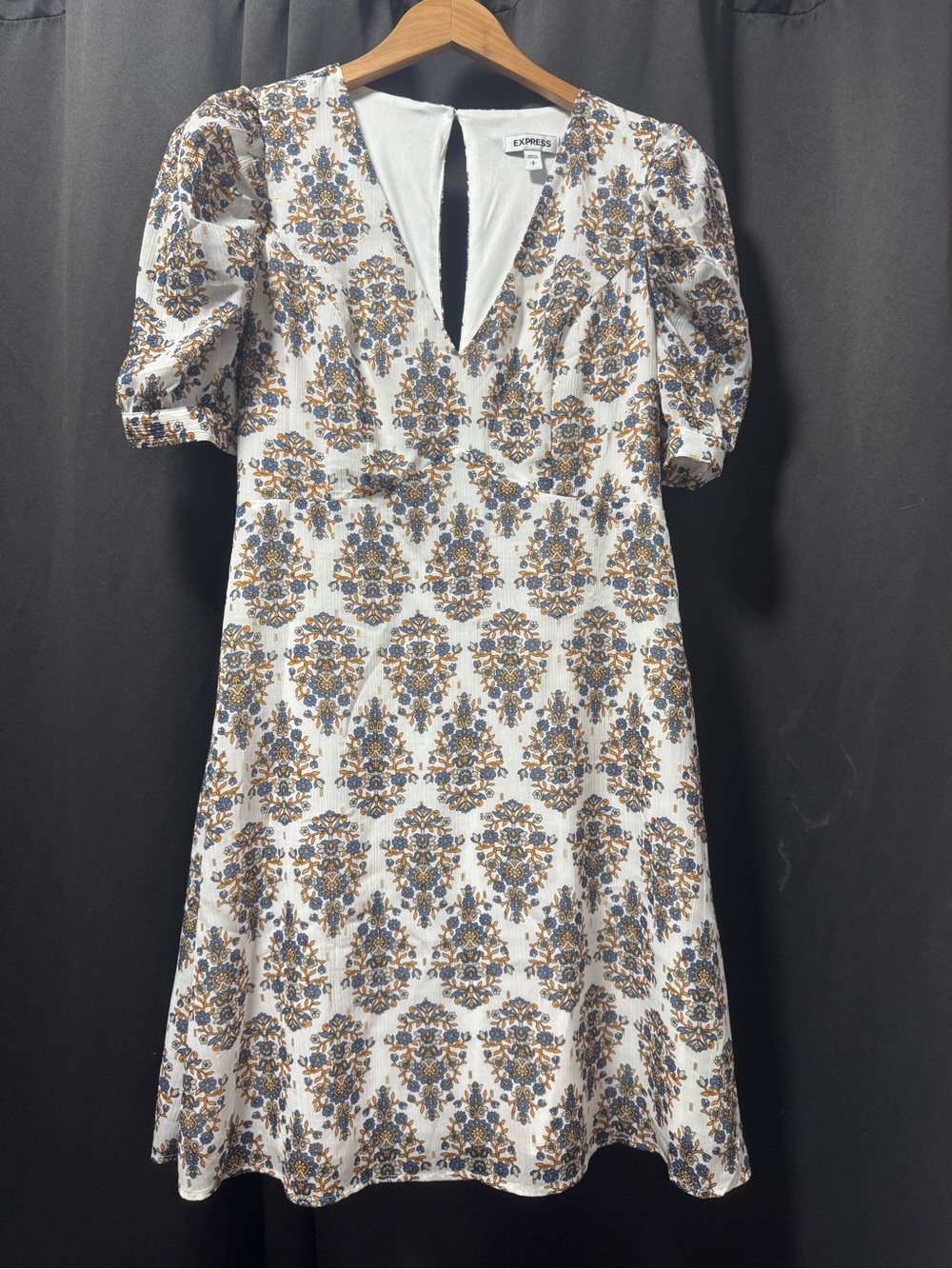 Express White Dress with Blue and Brown Floral Print